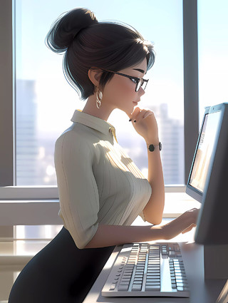 皮克斯风格美女总裁在电脑前努力办公场景
